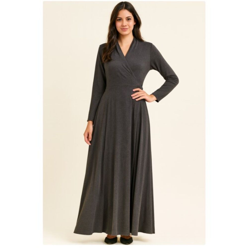TOGETHER! Womens Charcoil Grey Midi Wrap Dress Side Pockets Flare Skirt Size S